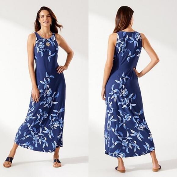 Tommy Bahama MED Blue Floral Underwater Garden Hawaiian Maxi Dress Tropical - Picture 1 of 9